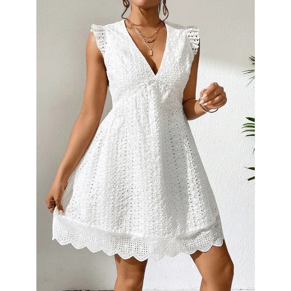 boho Eyelet Embroidered sundress Scallop Trim white Dress - Picture 5 of 5
